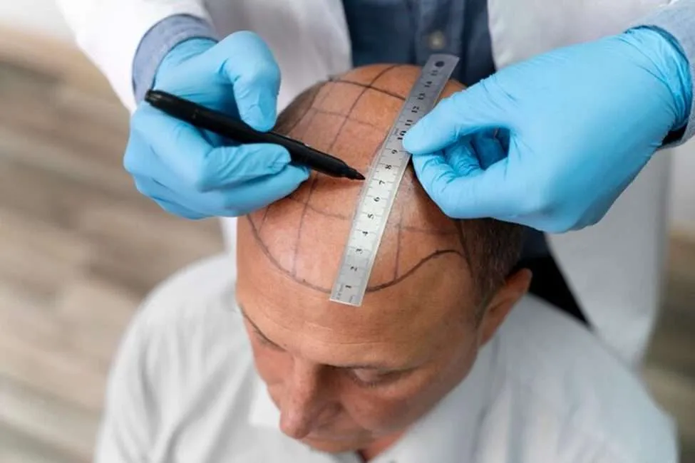a-doctor-drawing-lines-on-a-mans-bald-head-with-a-marker-and-a-ruler-after-considering-the-different-hair-transplant-methods