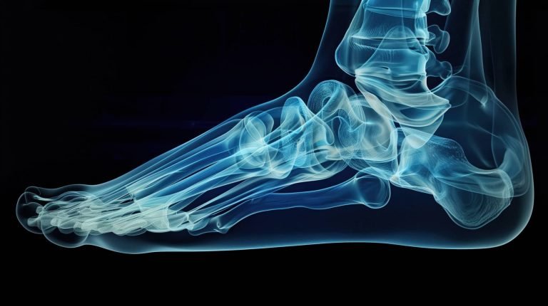 X-ray image of a human foot showing bone structure, illustrating areas affected by plantar fasciitis treated with shockwave therapy