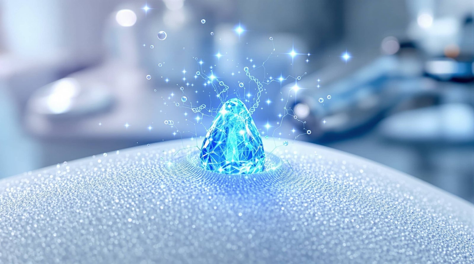 Close-up illustration of an FUE hair transplant tool extracting a follicular unit using a micro punch tip, shown emitting fine particles against a soft clinical background.