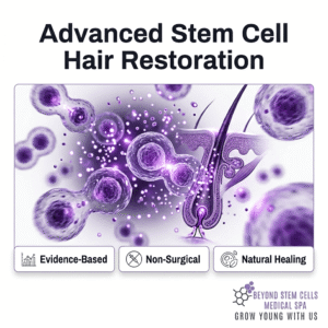 Beyond Stem Cells Medical Spa – Advanced Stem Cell Hair Restoration promotional graphic featuring a 3D scientific illustration of stem cells interacting with a hair follicle, highlighting Evidence-Based, Non-Surgical, and Natural Healing treatment benefits.
