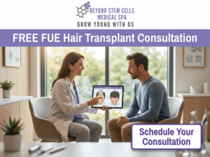 Doctor at Beyond Stem Cells Medical Spa presenting FUE hair transplant before-and-after results on a tablet to a male patient – Free consultation available. Schedule today