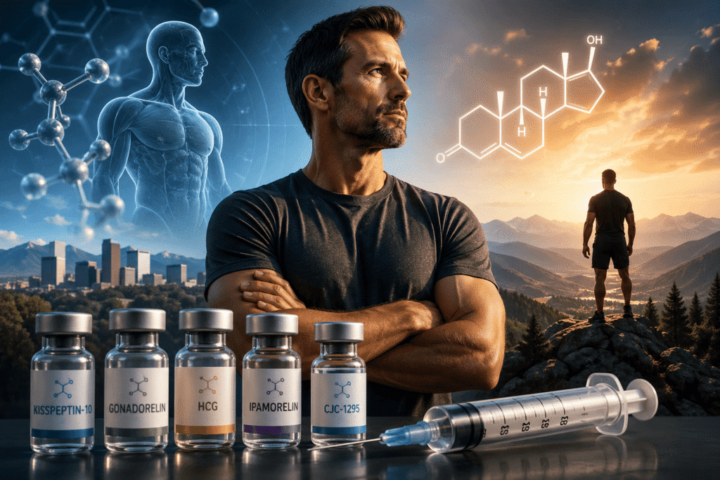Man standing confidently beside peptide therapy vials and syringe with molecular graphics and mountain skyline representing testosterone optimization and men’s health treatment in Denver and Littleton Colorado