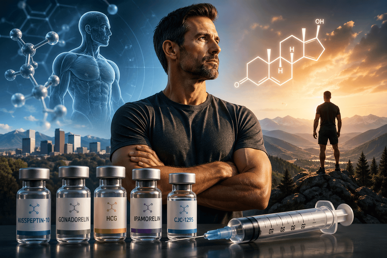 Man standing confidently beside peptide therapy vials and syringe with molecular graphics and mountain skyline representing testosterone optimization and men’s health treatment in Denver and Littleton Colorado