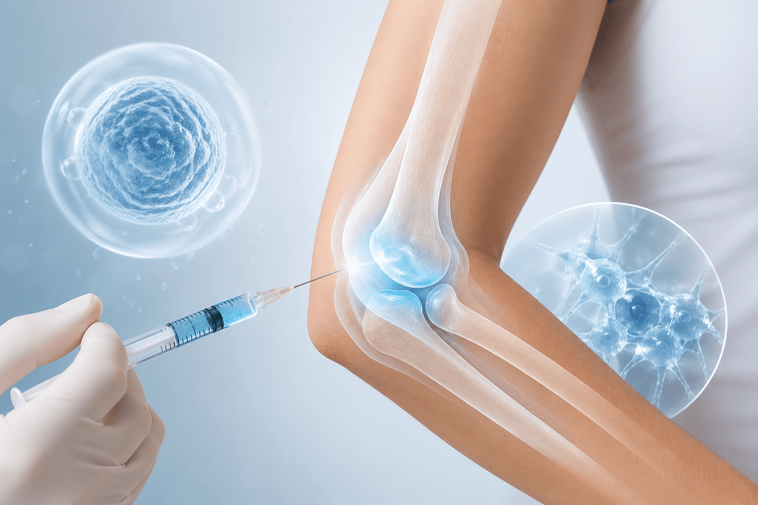 Medical illustration of a stem cell injection targeting damaged elbow cartilage, showing joint regeneration and healing inside the elbow with advanced regenerative medicine imagery.