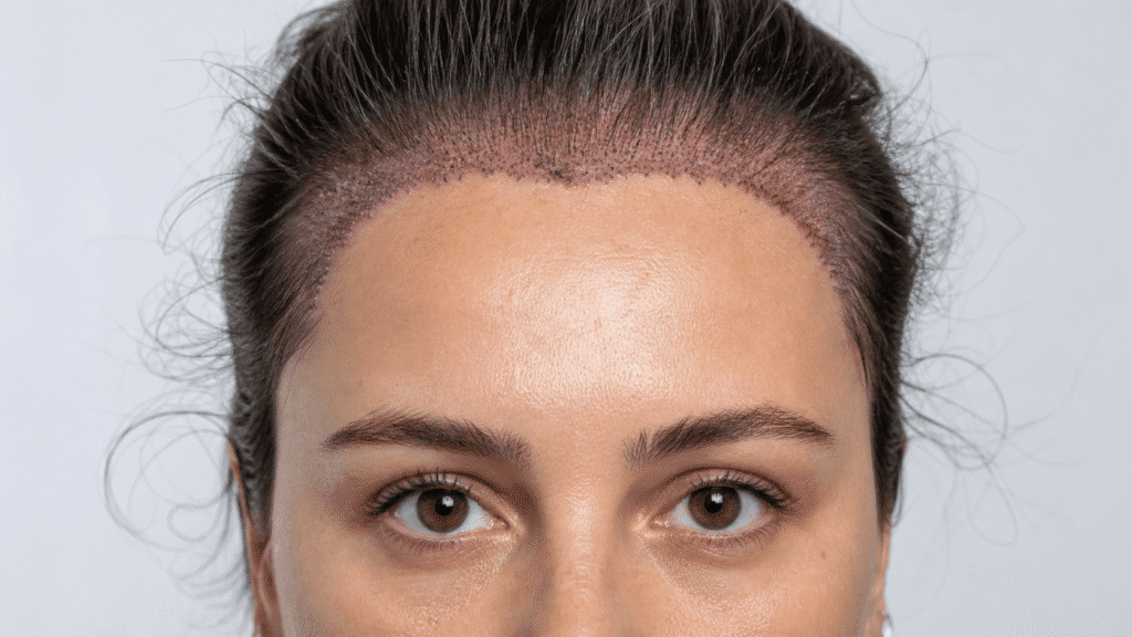 Ultra-realistic close-up of a female patient after a frontal hair transplant procedure showing newly implanted follicular grafts along the frontal hairline and temples in a clinical setting.