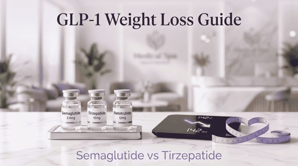 Three GLP-1 weight loss medication vials — Semaglutide, Tirzepatide, and Retatrutide — displayed on a marble surface beside a digital scale and measuring tape, illustrating Beyond Stem Cells' medical weight loss guide in soft lavender purple tones