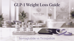 Three GLP-1 weight loss medication vials — Semaglutide, Tirzepatide, and Retatrutide — displayed on a marble surface beside a digital scale and measuring tape, illustrating Beyond Stem Cells' medical weight loss guide in soft lavender purple tones