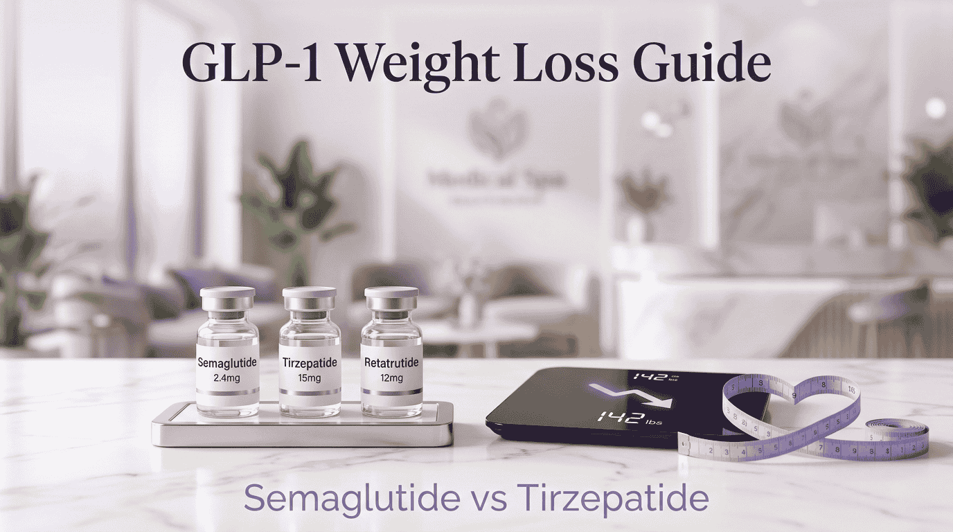 Three GLP-1 weight loss medication vials — Semaglutide, Tirzepatide, and Retatrutide — displayed on a marble surface beside a digital scale and measuring tape, illustrating Beyond Stem Cells' medical weight loss guide in soft lavender purple tones