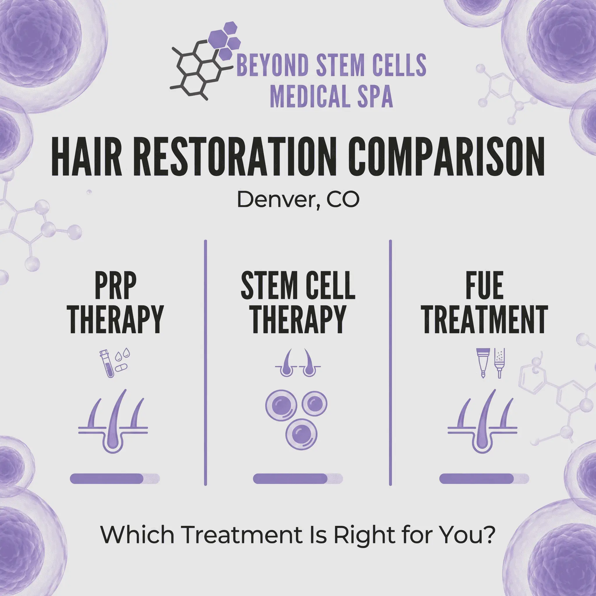 Beyond Stem Cells comparison graphic showing PRP therapy, stem cell therapy and FUE treatment side by side for Denver hair restoration