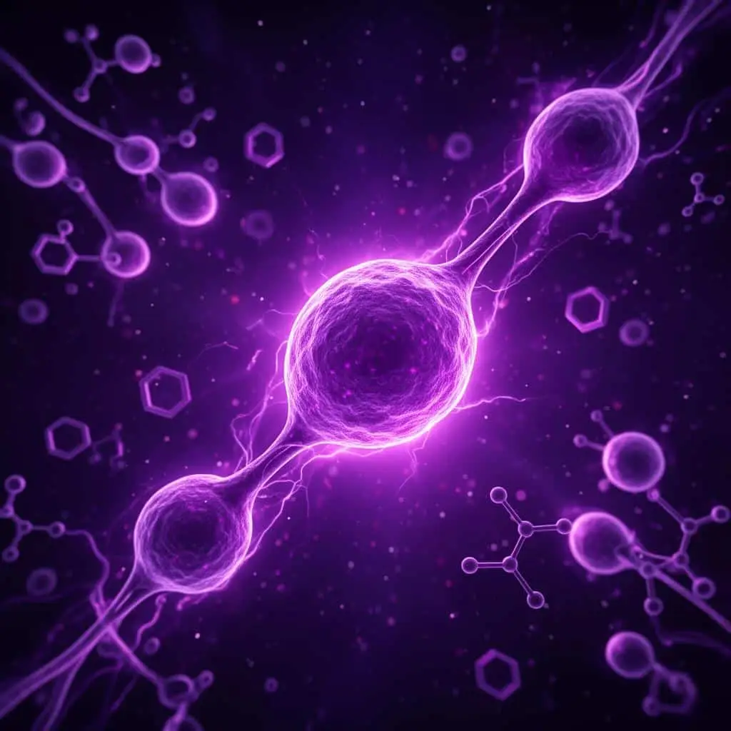 Stylized purple illustration of cells connected by glowing filaments among molecular structures