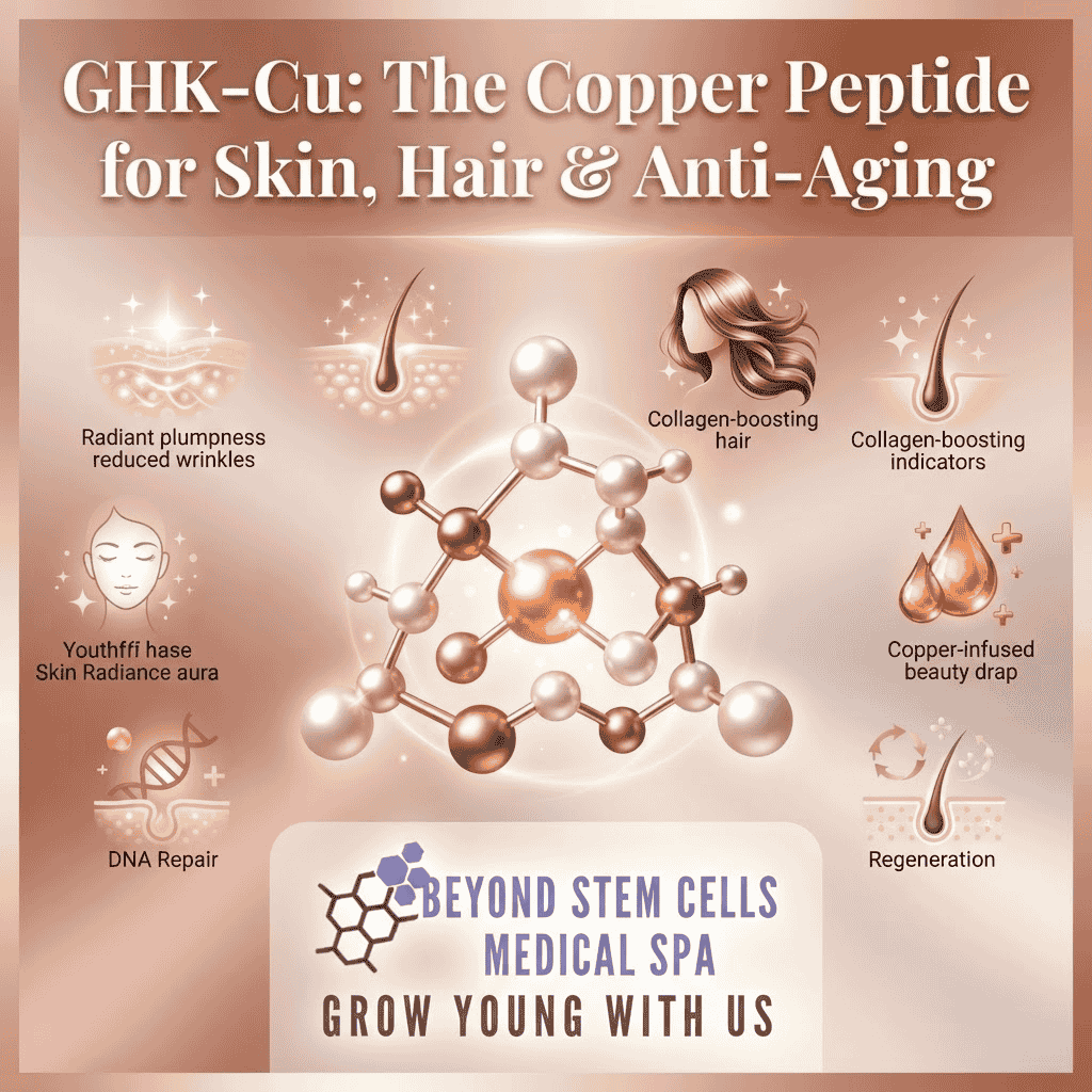 Infographic of GHK-Cu copper peptide showing skin radiance, collagen support, and hair benefits