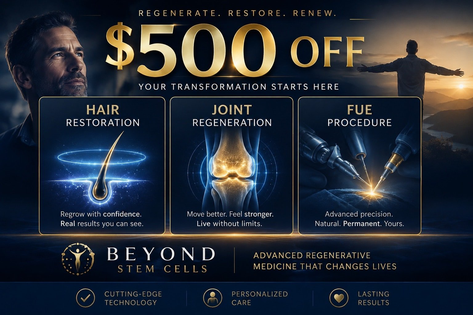 $500 off hair restoration, joint regeneration, and FUE procedures at Beyond Stem Cells