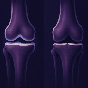 Two knee joint cross-sections compared: one with thinned but intact cartilage, one where cartilage is gone and bone meets bone