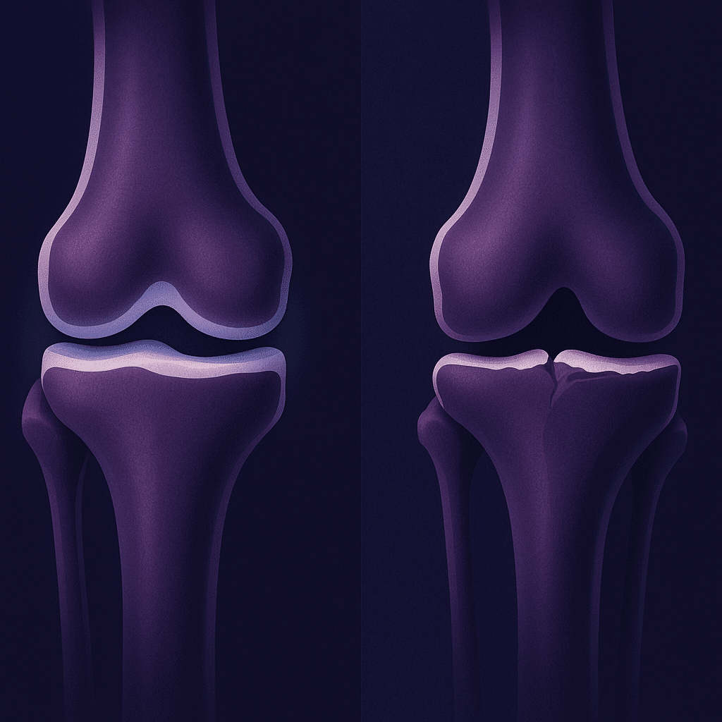 Two knee joint cross-sections compared: one with thinned but intact cartilage, one where cartilage is gone and bone meets bone