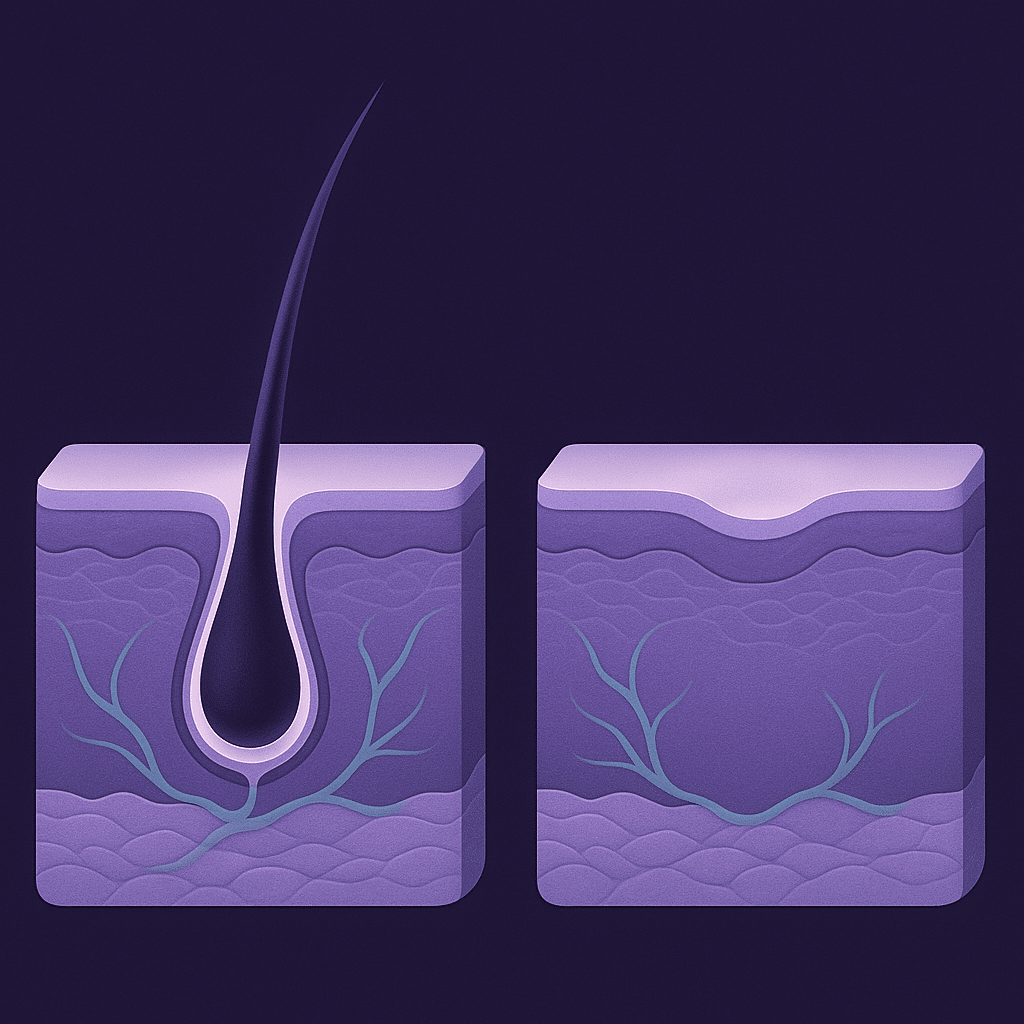 Cross-section diagram comparing a dormant hair follicle still intact beneath the scalp with a site where the follicle structure is entirely absent