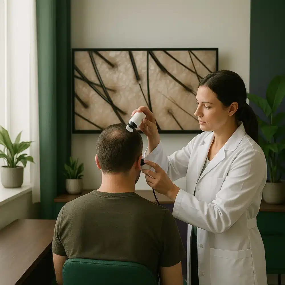 Clinician using a handheld scalp scope on the back of a seated patient's head during a hair restoration consultation