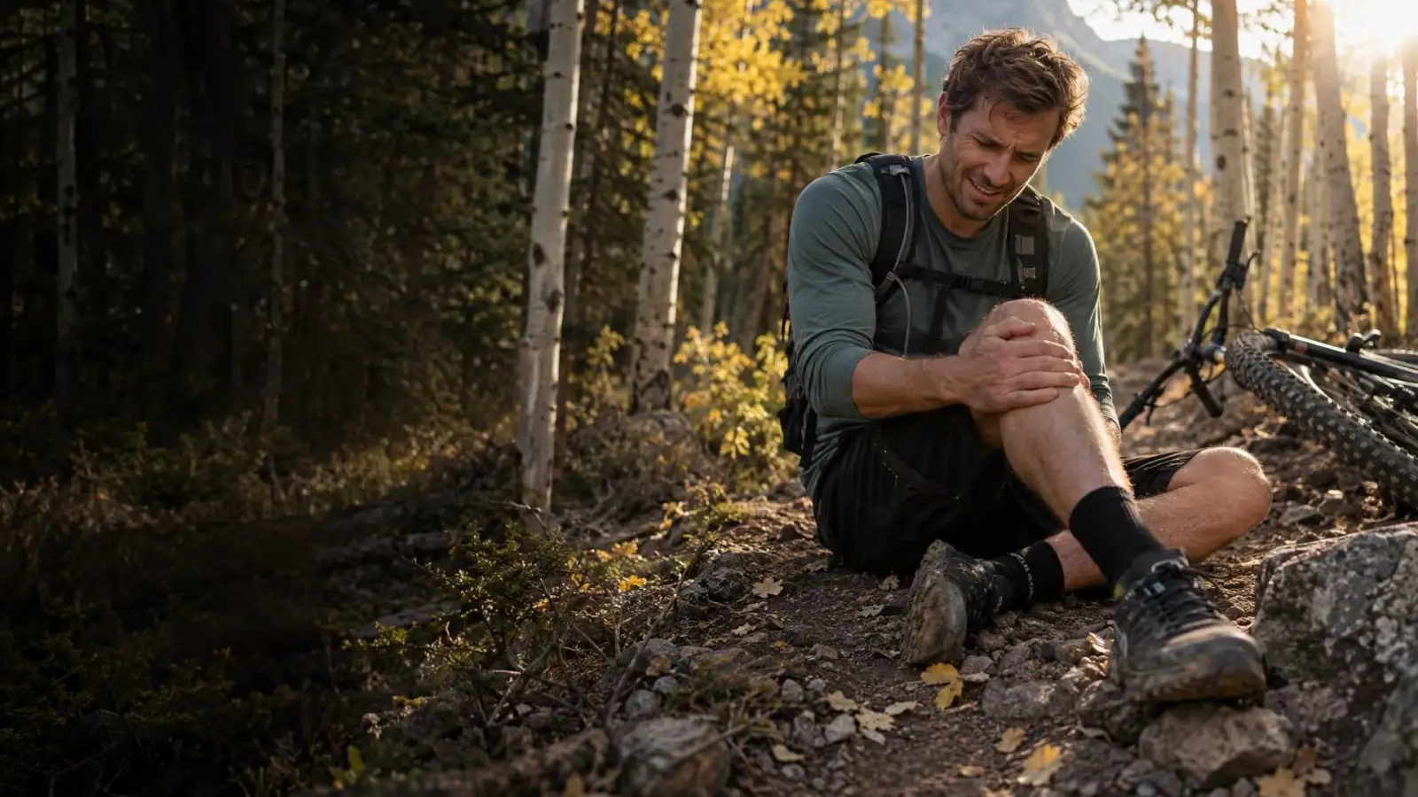 Mountain biker resting a sore knee