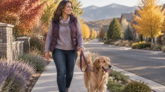 Woman in her 40s with full shoulder-length hair walking her dog in a Highlands Ranch neighborhood in autumn