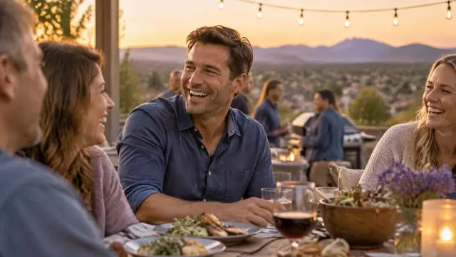 Man in his 40s with thick hair laughing at an evening neighborhood cookout in Highlands Ranch