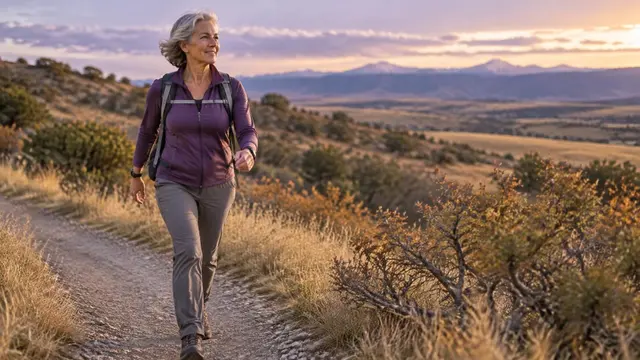Woman in her early 60s walking a gravel path in the Highlands Ranch Backcountry Wilderness Area with the Front Range behind her