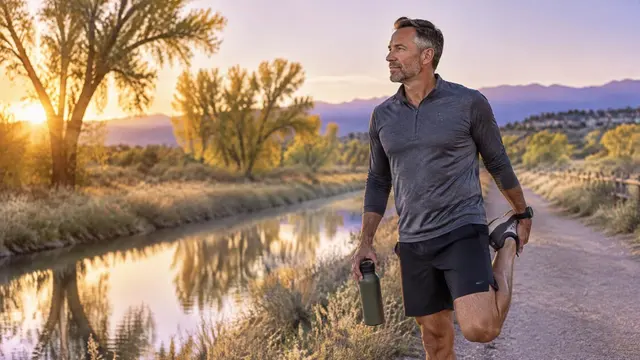 Man in his late 40s stretching after a run beside the Highline Canal Trail in Highlands Ranch