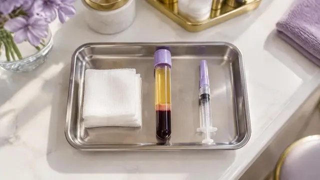 Clinic tray with a tube of separated platelet-rich plasma, gauze and a capped syringe on a white counter