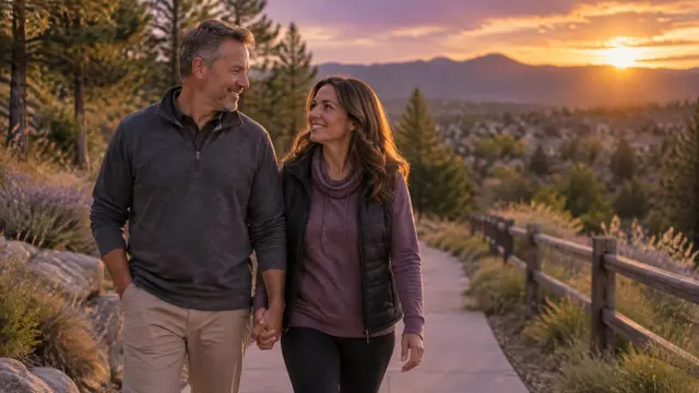 Couple in their late 40s holding hands on an evening walk along a tree-lined path in Highlands Ranch