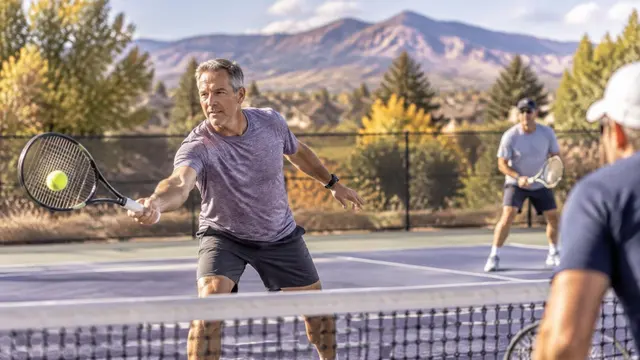 Man in his 50s hitting a forehand on a sunny outdoor tennis court in Highlands Ranch