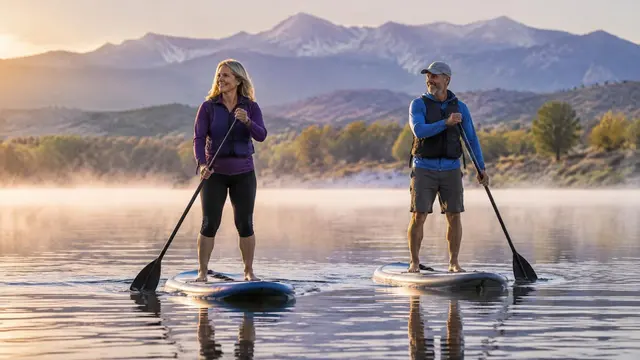 Man and woman in their 50s paddleboarding on calm water at Chatfield State Park with mountains behind